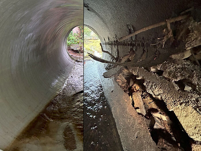 Side-by-side comparison of a clean, smooth tunnel and a rough, weathered tunnel with debris. Light and shadows create a contrasting mood.